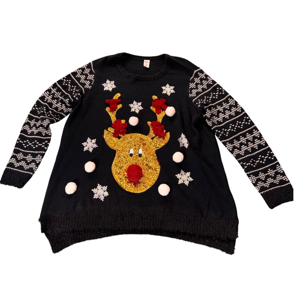 VTG Holiday Time‎ Womens 2X Black Reindeer Sequin Ugly Christmas Sweater